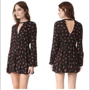 Free People Teagan Black Floral Deep V Neck Open Back Bell Sleeve Mini Dress